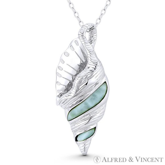 Conch Seashell Horn Trumpet Lab-Created Chalcedony Pendant .925 Sterling Silver - Picture 1 of 1